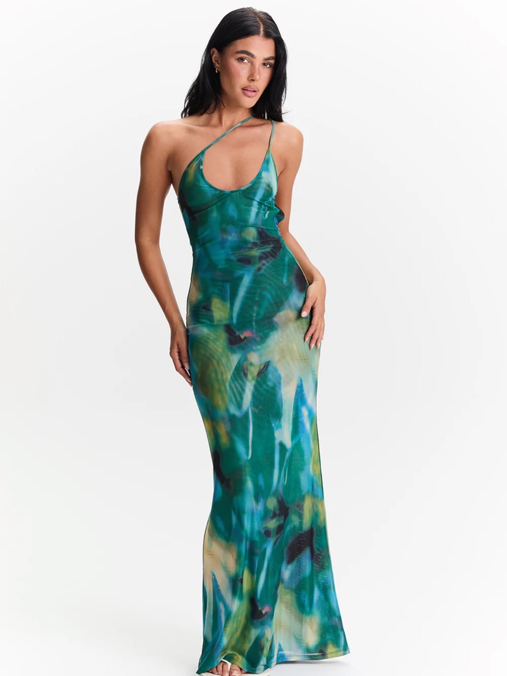 Sleek Green Blue Print Slip Dress - Picture 5 of 6